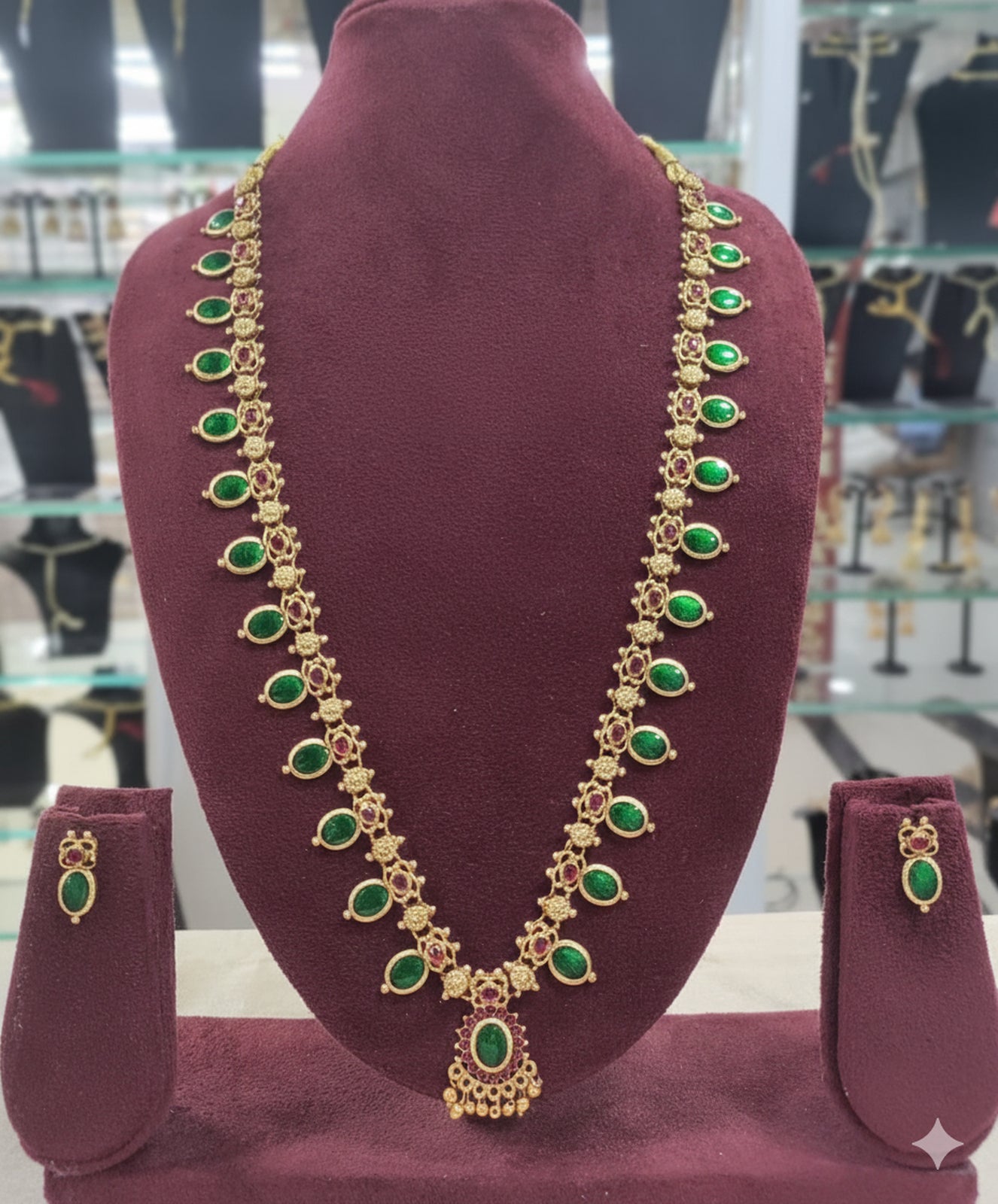 Jewel City Antique Gold-Plated Lakshmi Temple Necklace Set with Pearls & Green Stones for Women