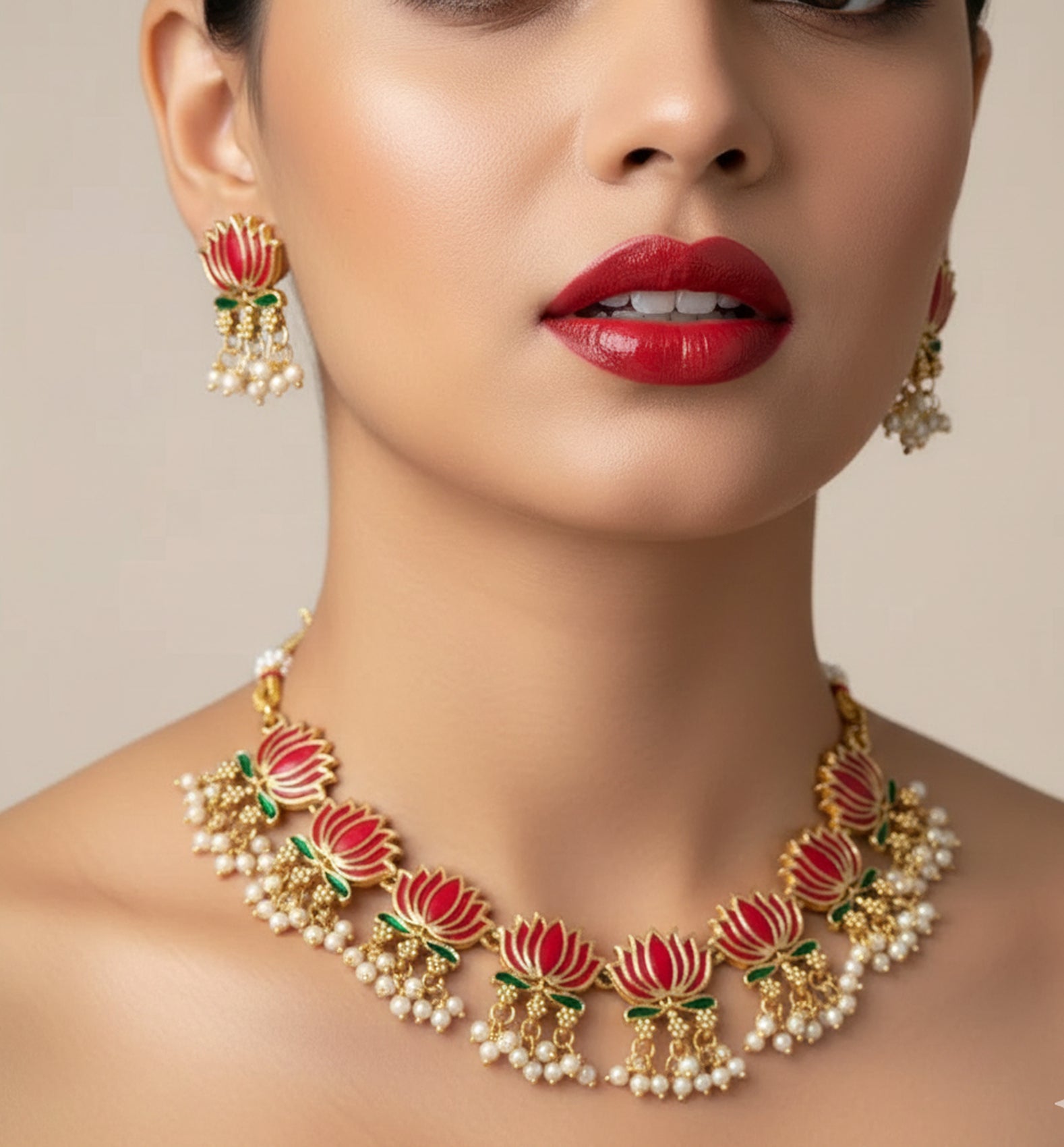 Jewel City Gold-Plated Traditional Handcrafted Multi-Color Lotus Kundan Necklace Set - Distacart