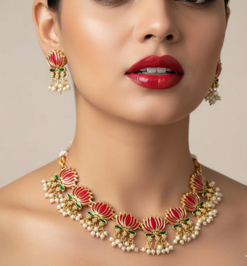 Jewel City Gold-Plated Traditional Handcrafted Multi-Color Lotus Kundan Necklace Set - Distacart