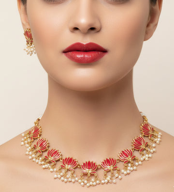 Jewel City Gold-Plated Traditional Handcrafted Red Lotus Kundan Necklace Set - Distacart
