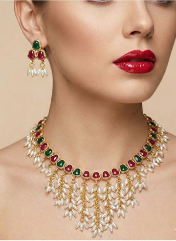 Jewel City Gold Plated Red Pearl Necklace Set - Distacart