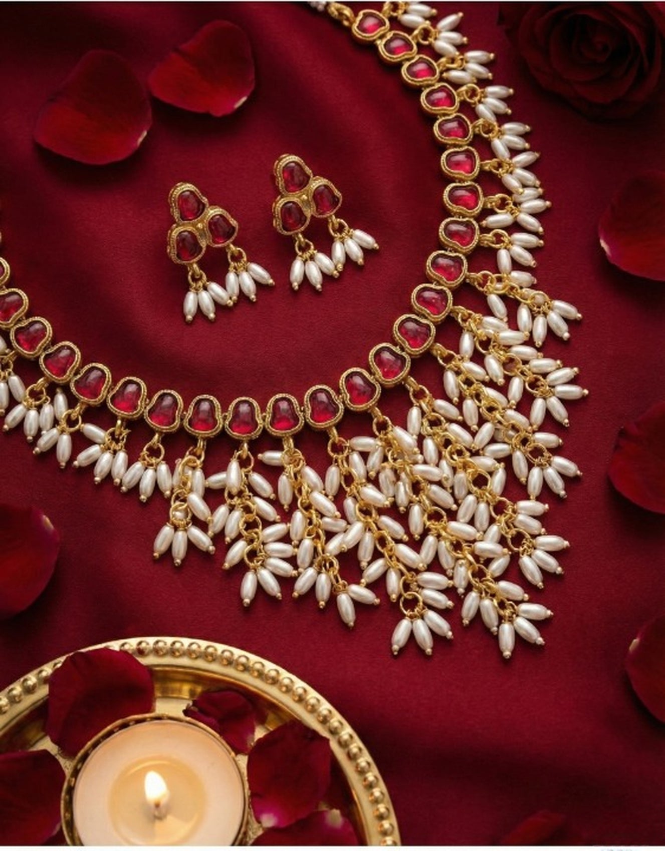Jewel City Gold Plated Red Pearl Necklace Set - Distacart