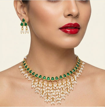 Jewel City Gold Plated Green Pearl Necklace Set - Distacart