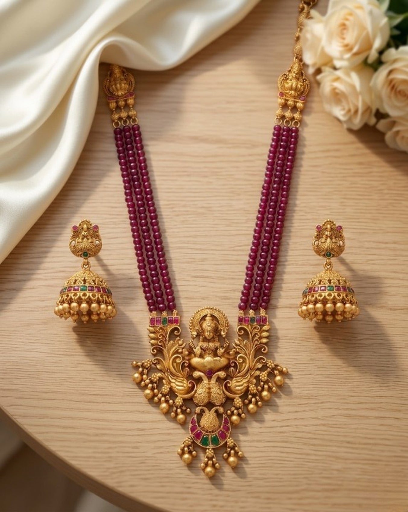 Jewel City Antique-Finish Goddess Ruby Beaded Necklace & Stud Earring Set - Traditional Kemp Stone Temple Jewelry - Dista
