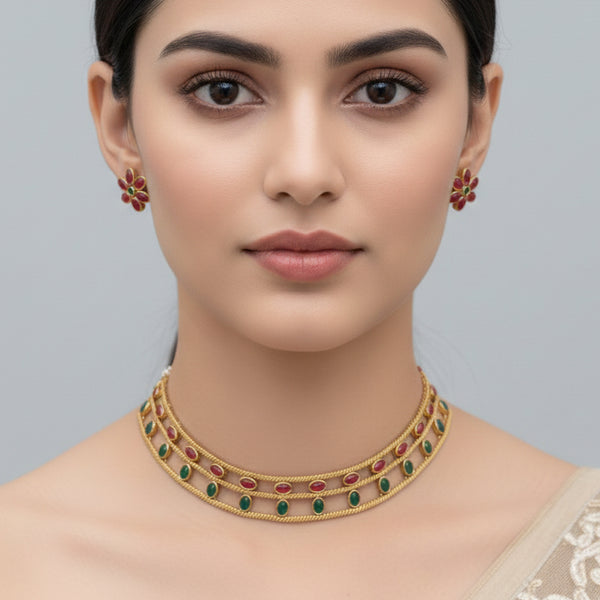 Jewel City Elegant Gold-Plated Ruby & Emerald choker with Floral Stud Earrings | Traditional Ethnic Jewelry Set - Distacart