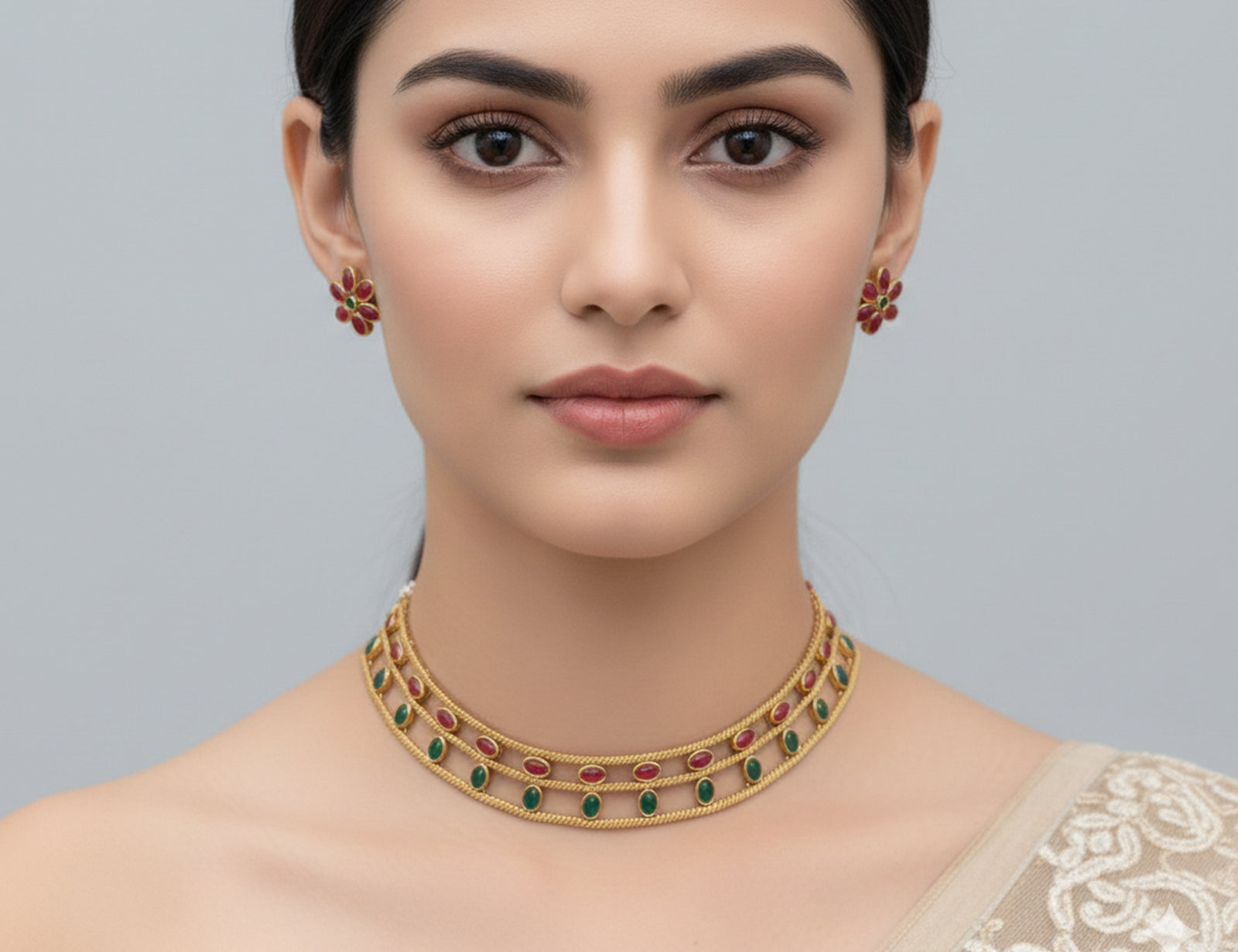 Jewel City Elegant Gold-Plated Ruby & Emerald choker with Floral Stud Earrings | Traditional Ethnic Jewelry Set - Distacart