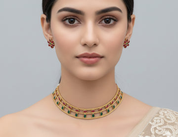 Jewel City Elegant Gold-Plated Ruby & Emerald choker with Floral Stud Earrings | Traditional Ethnic Jewelry Set - Distacart