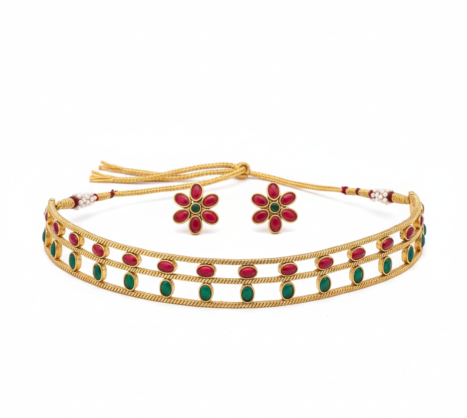 Jewel City Elegant Gold-Plated Ruby & Emerald choker with Floral Stud Earrings | Traditional Ethnic Jewelry Set - Distacart