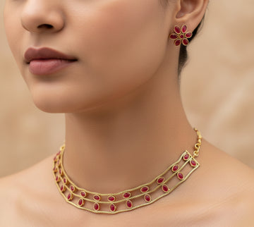 Jewel City Elegant Gold-Plated Ruby choker with Floral Stud Earrings | Traditional Ethnic Jewelry Set - Distacart