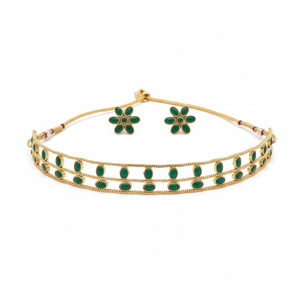 Jewel City Elegant Gold-Plated Green choker with Floral Stud Earrings | Traditional Ethnic Jewelry Set - Distacart