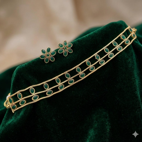 Jewel City Elegant Gold-Plated Green choker with Floral Stud Earrings | Traditional Ethnic Jewelry Set - Distacart