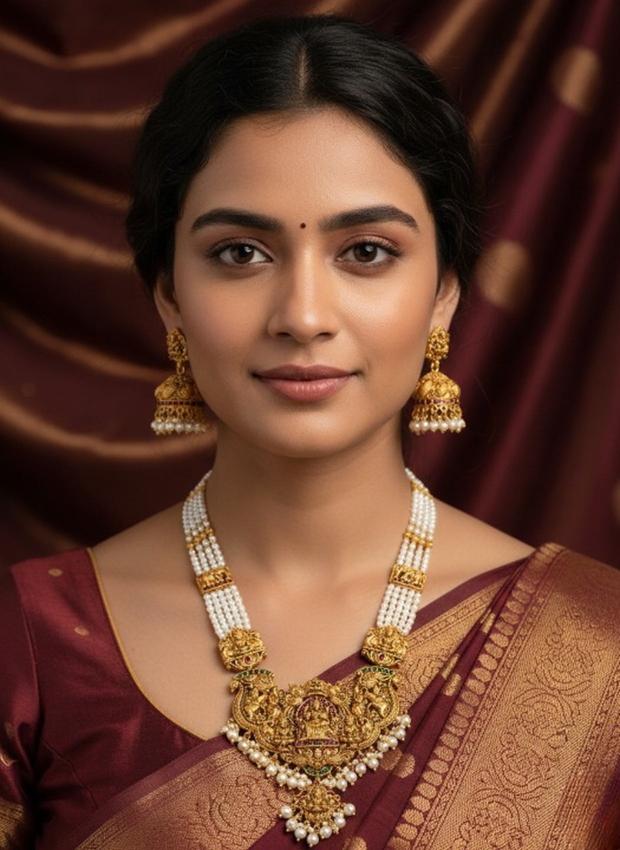 Jewel City Antique Gold-Plated Temple Lakshmi Haram Necklace Set with White Beads & Jhumka Earrings - Distacart