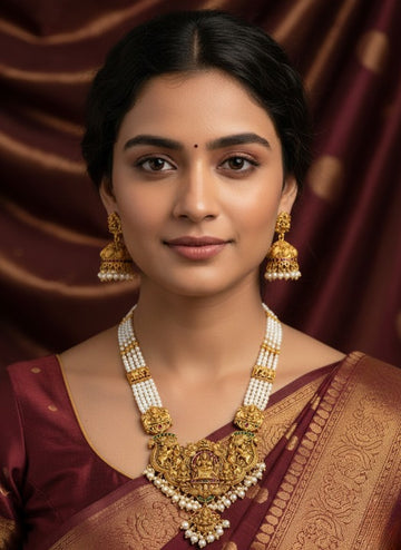Jewel City Antique Gold-Plated Temple Lakshmi Haram Necklace Set with White Beads & Jhumka Earrings - Distacart