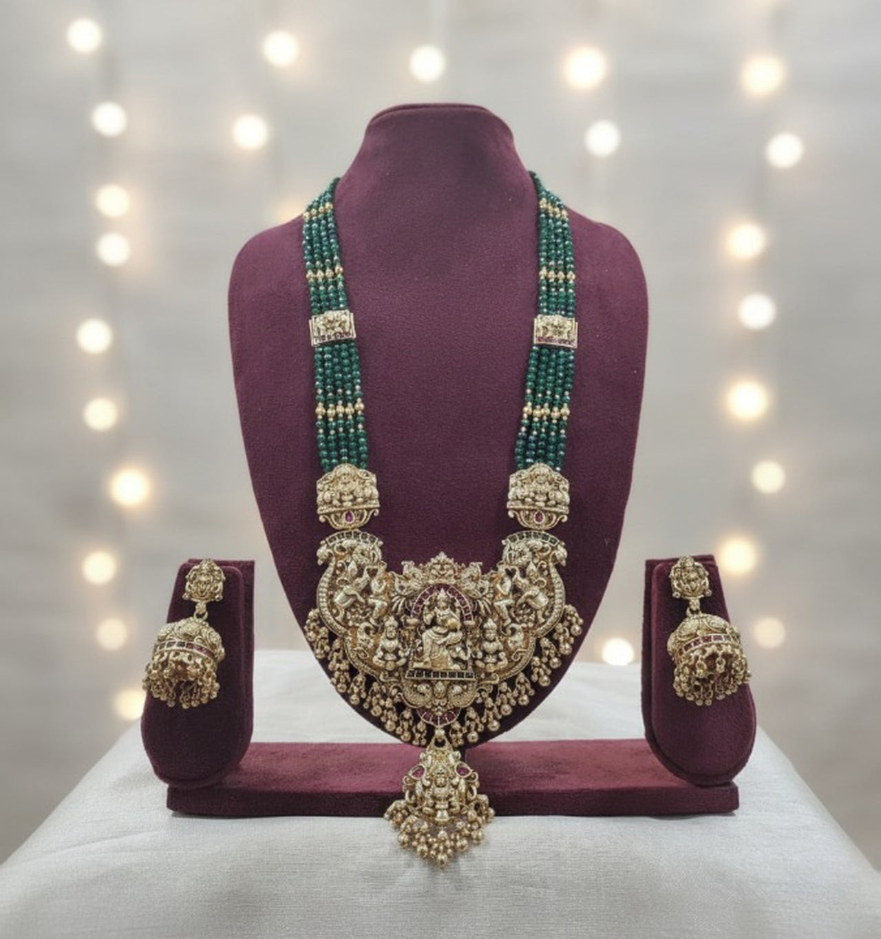 Jewel City Royal Temple Lakshmi Gold-Plated Bridal Haram Necklace Set with Jhumka Earrings, Green Beads, Traditional Jewelry - Distacart