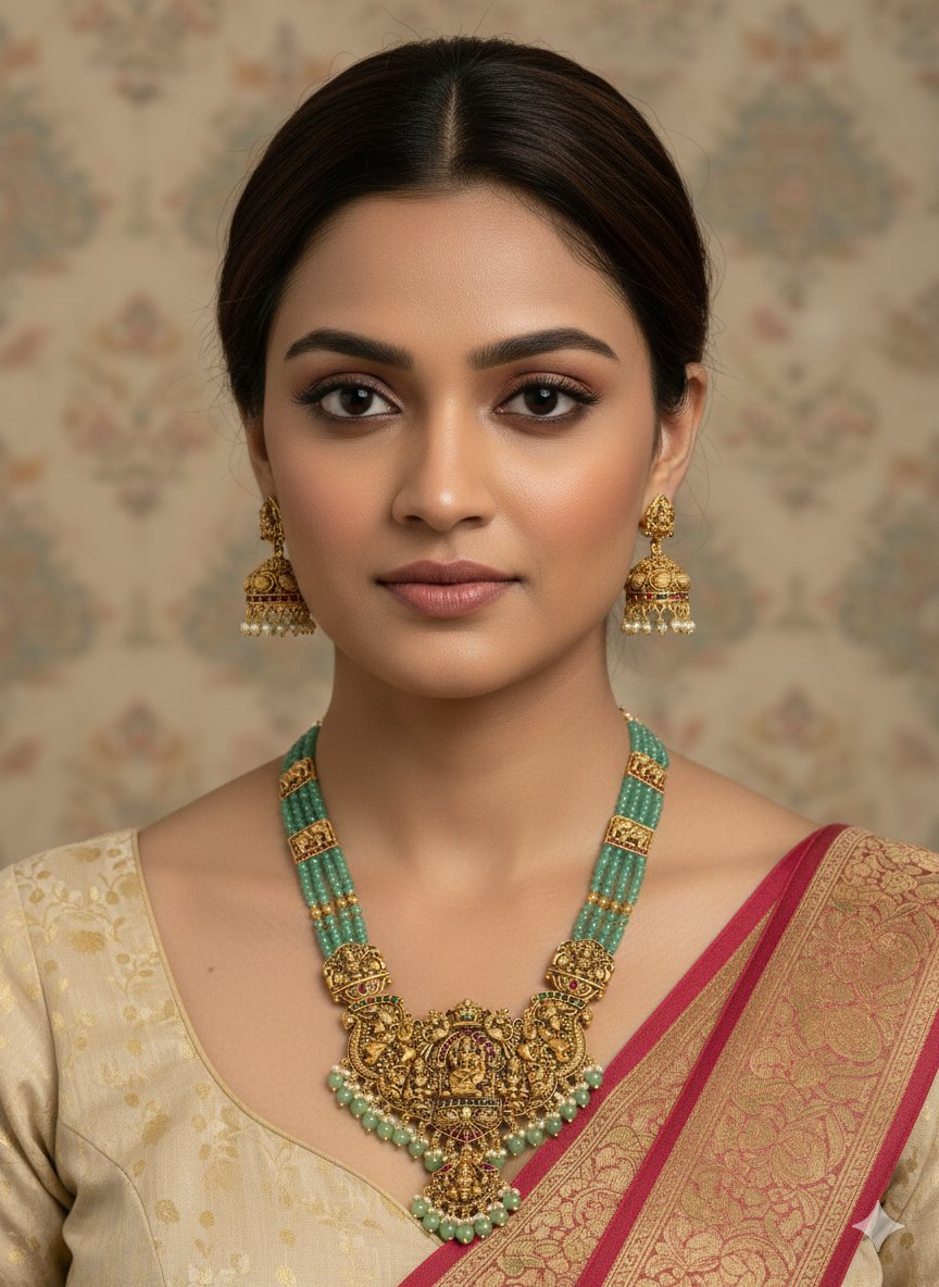 Jewel City Antique Gold-Plated Temple Lakshmi Haram Necklace Set with Green Beads & Jhumka Earrings