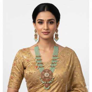 Jewel City Handcrafted Kundan & Mint Green Bead Long Necklace Set | Traditional Gold-Plated Ethnic Jewelry For Weddings & Bridal - Distacart