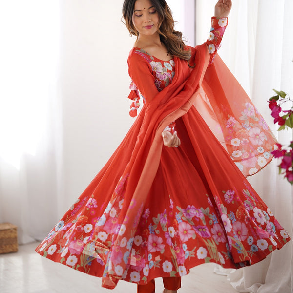 Evanik Rust Soft Organza Silk With Floral Print Fully Flared Anarkali Pant With Dupatta Set