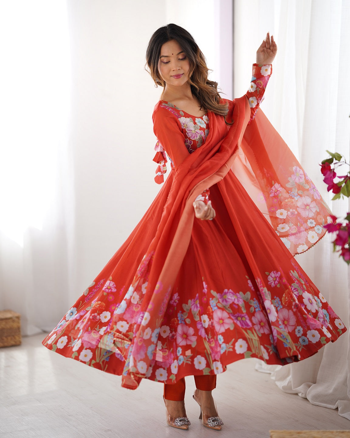 Evanik Rust Soft Organza Silk With Floral Print Fully Flared Anarkali Pant With Dupatta Set - Distacart