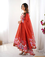 Thumbnail for Evanik Rust Soft Organza Silk With Floral Print Fully Flared Anarkali Pant With Dupatta Set