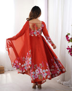 Thumbnail for Evanik Rust Soft Organza Silk With Floral Print Fully Flared Anarkali Pant With Dupatta Set