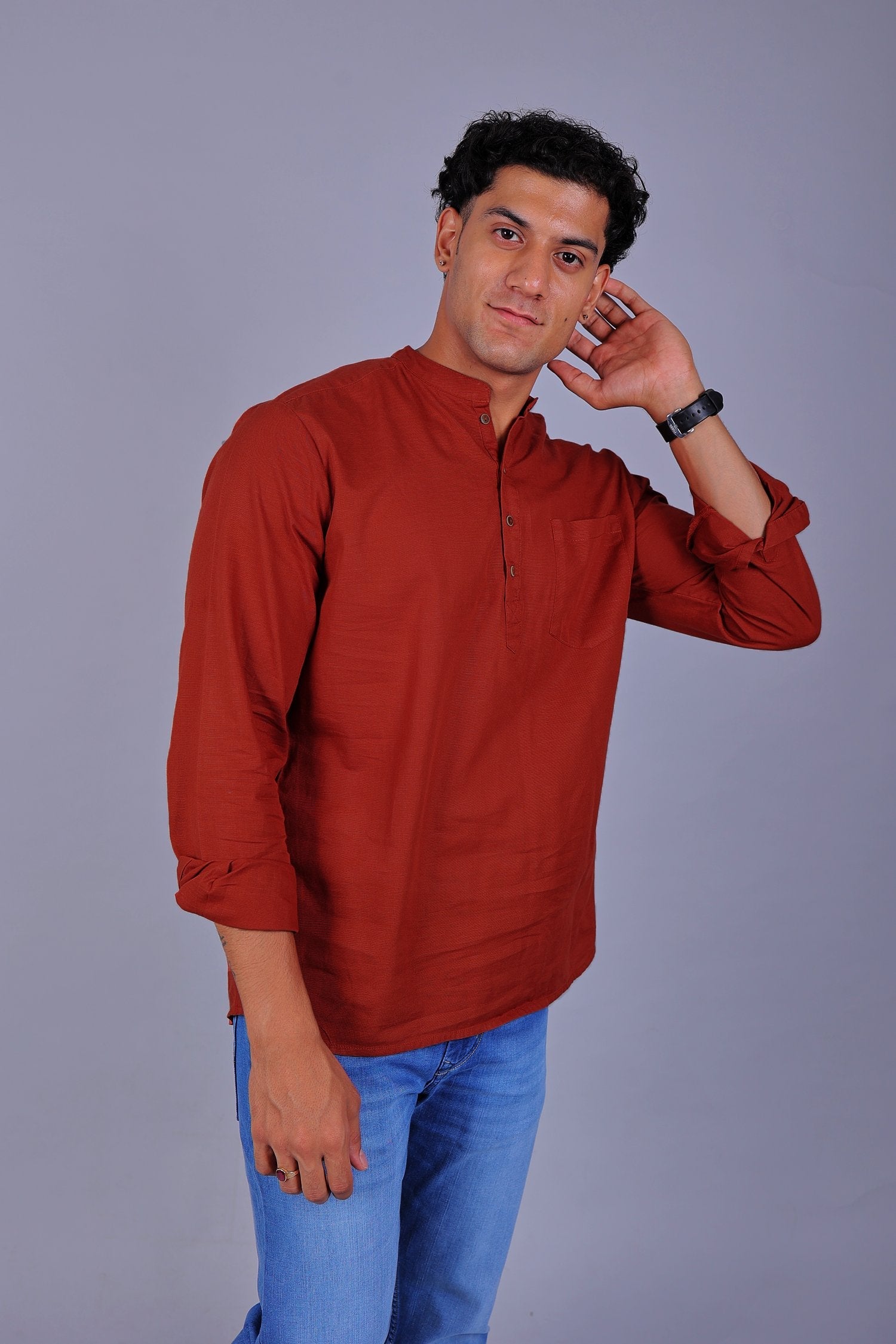 Bluebird Men's Short Kurta in Red - 100% Pure Cotton - Distacart