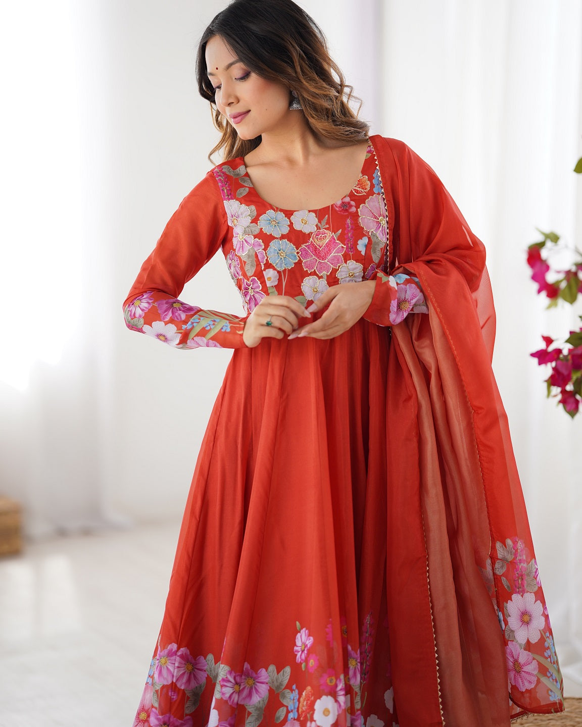 Evanik Rust Soft Organza Silk With Floral Print Fully Flared Anarkali Pant With Dupatta Set