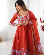 Thumbnail for Evanik Rust Soft Organza Silk With Floral Print Fully Flared Anarkali Pant With Dupatta Set