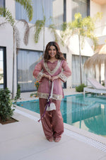 Thumbnail for Teeya Creation Womens New Wedding Wear Peach Color Salasa Fabrics With Mirror & Lace Work Kurta Pant Set - Dista