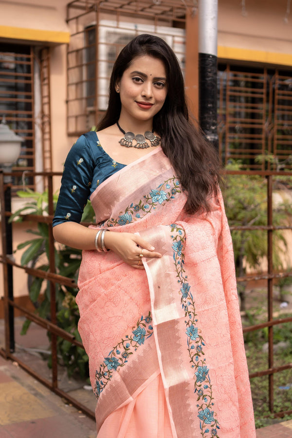 Pink Pure Linen Woven Design Saree with Unstitched Blouse - Hiral Fashion - Distacart