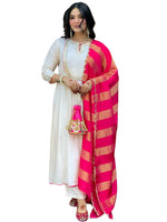 Thumbnail for The52 White Women's Gorgeous Embroidered Work Chanderi Fabric Flared Kurta Pant and Dupatta Set - Distacart
