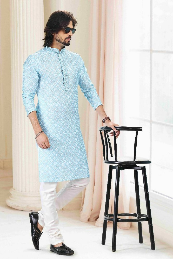 Raivat Ethnic Cotton Thread Work Kurta Pajama In Sky Blue Colour - Dista