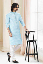 Thumbnail for Raivat Ethnic Cotton Thread Work Kurta Pajama In Sky Blue Colour - Dista