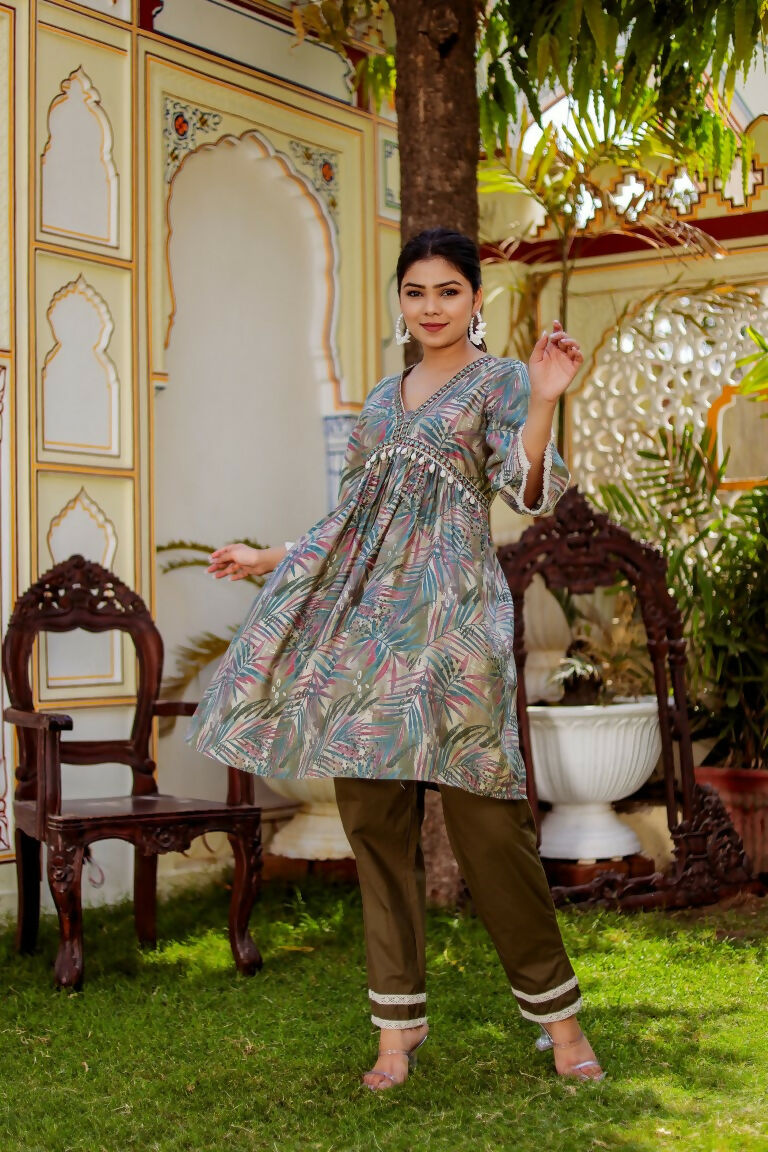 Vaasva Women Olive Green Muslin Floral Print Alia cut Kurta & Pant (Cord set) - Distacart