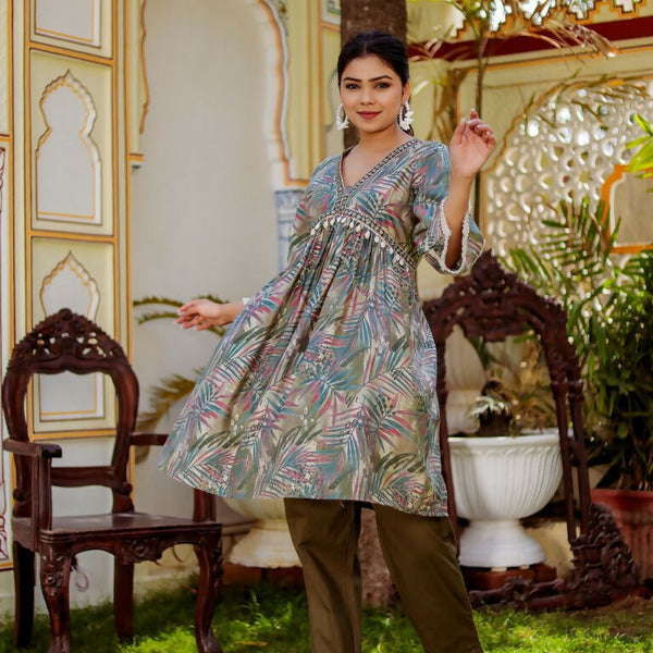 Vaasva Women Olive Green Muslin Floral Print Alia cut Kurta & Pant (Cord set) - Distacart