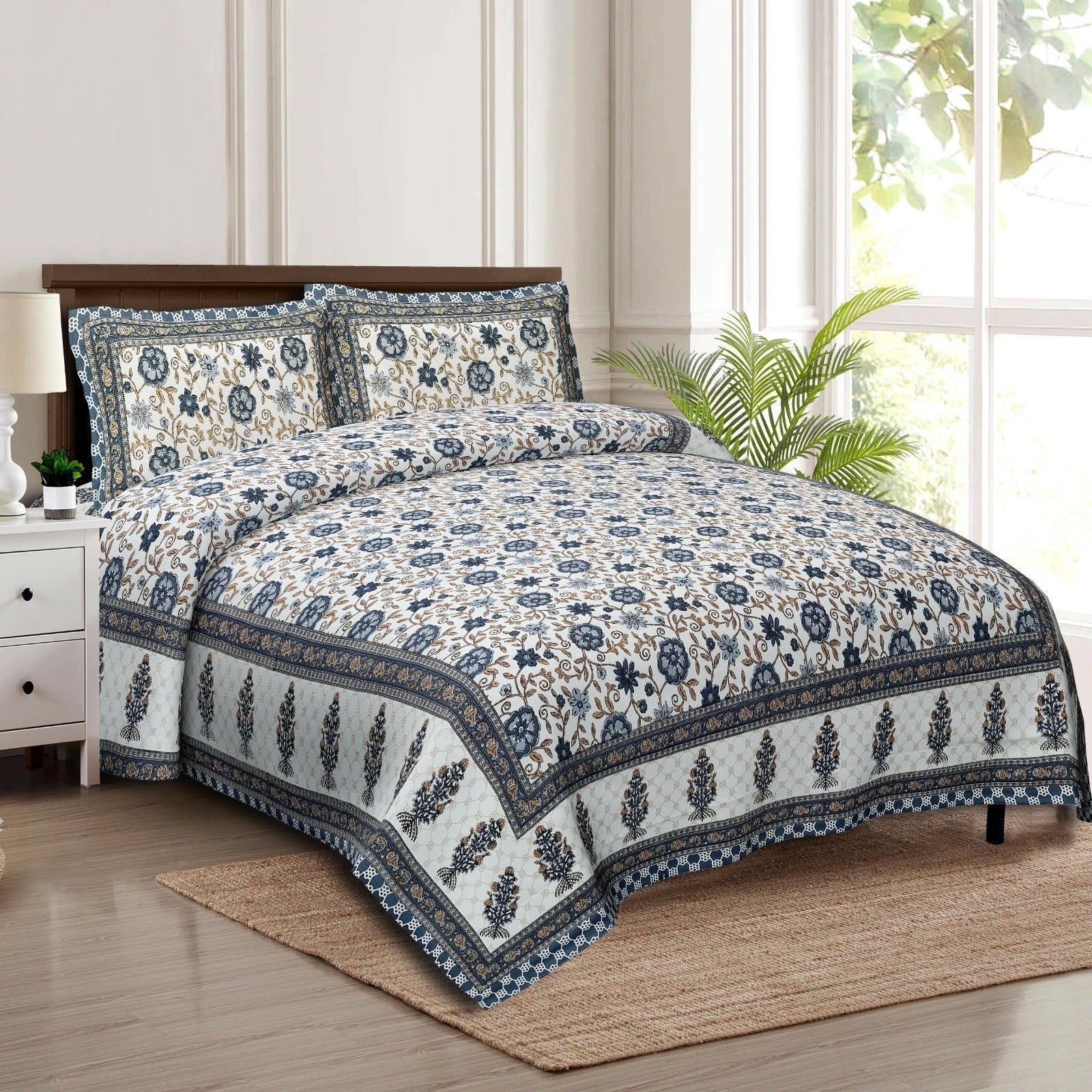 Rudra Bazaar Multicolour 210 TC Cotton Double King Bedsheet With 2 Pillow Covers - Distacart