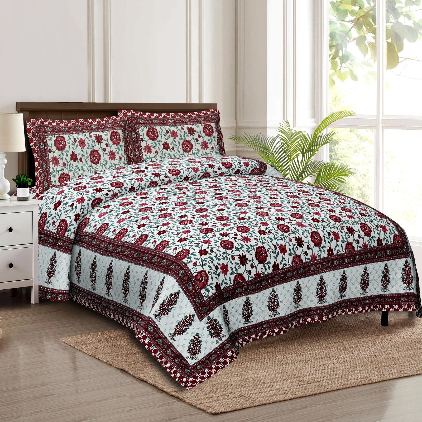 Rudra Bazaar Multicolour 210 TC Cotton Double King Bedsheet With 2 Pillow Covers - Distacart