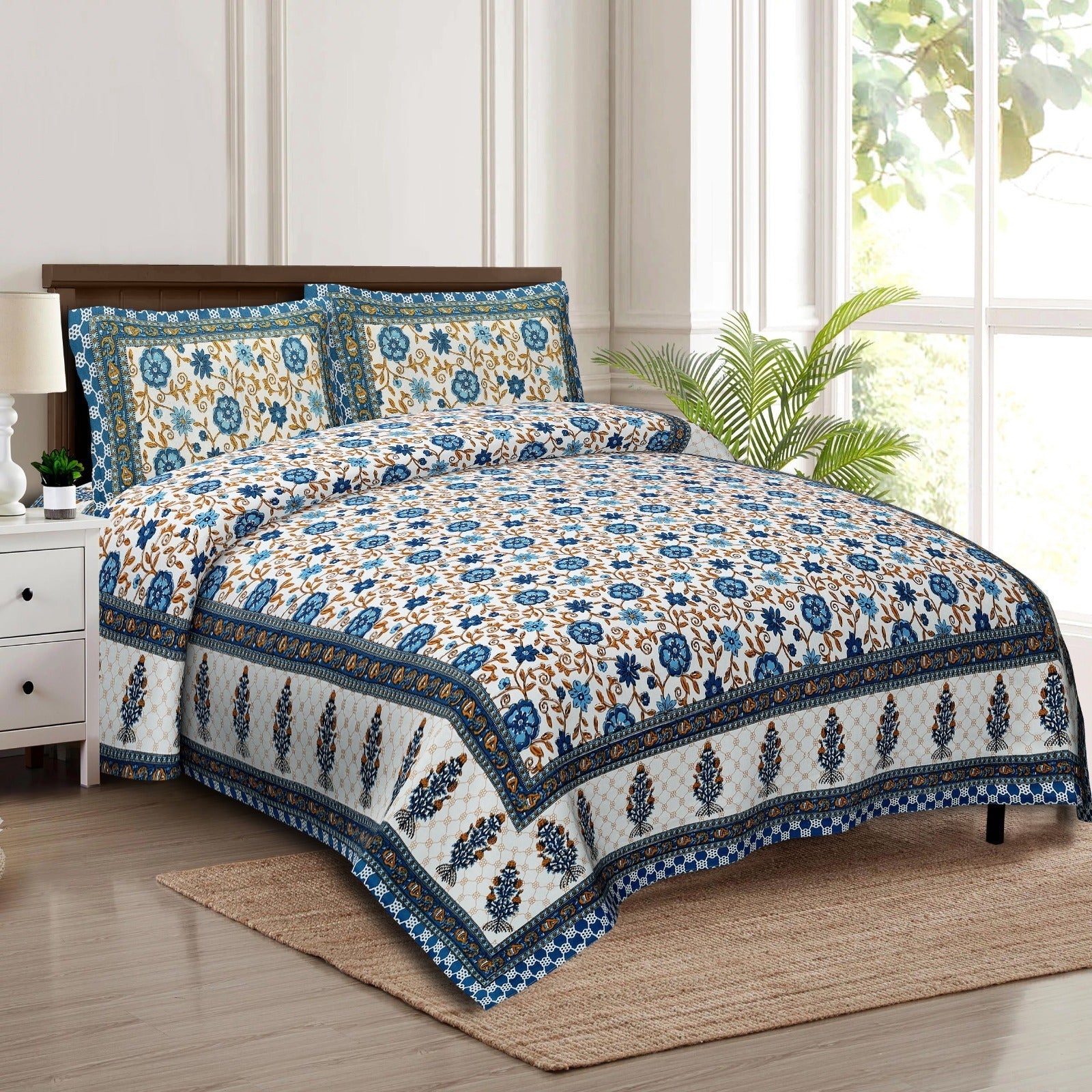Rudra Bazaar Multicolour 210 TC Cotton Double King Bedsheet With 2 Pillow Covers - Distacart