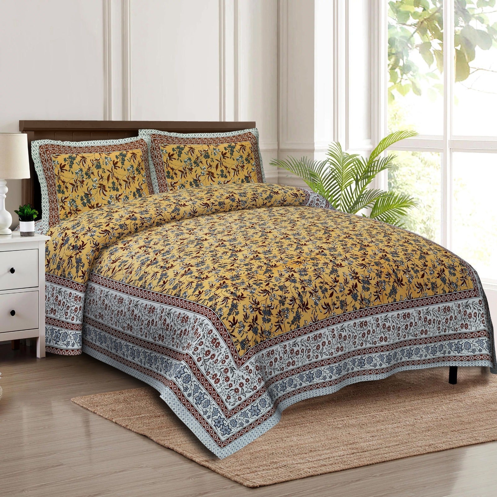 Rudra Bazaar Multicolour 210 TC Cotton Double King Bedsheet With 2 Pillow Covers - Distacart