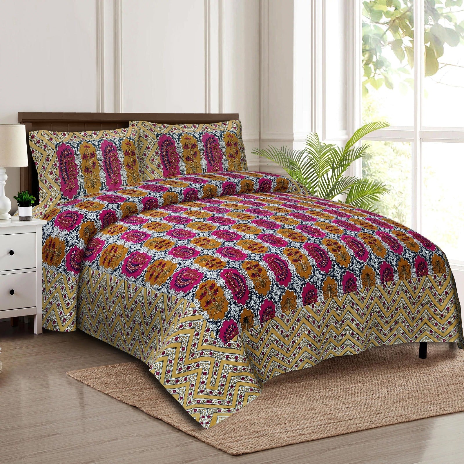 Rudra Bazaar Multicolour 210 TC Cotton Double King Bedsheet With 2 Pillow Covers - Distacart