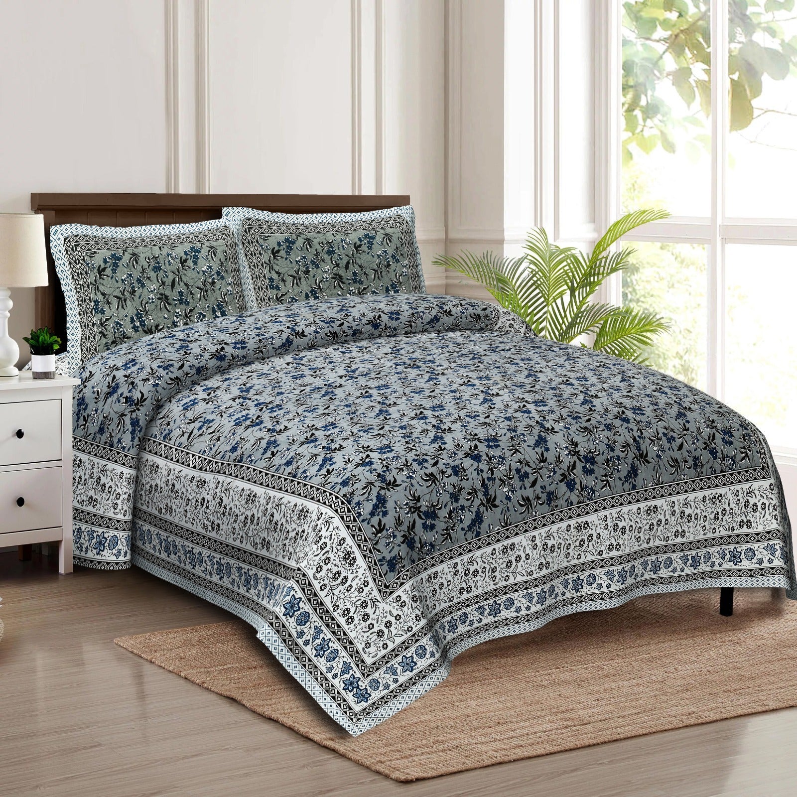 Rudra Bazaar Multicolour 210 TC Cotton Double King Bedsheet With 2 Pillow Covers - Distacart