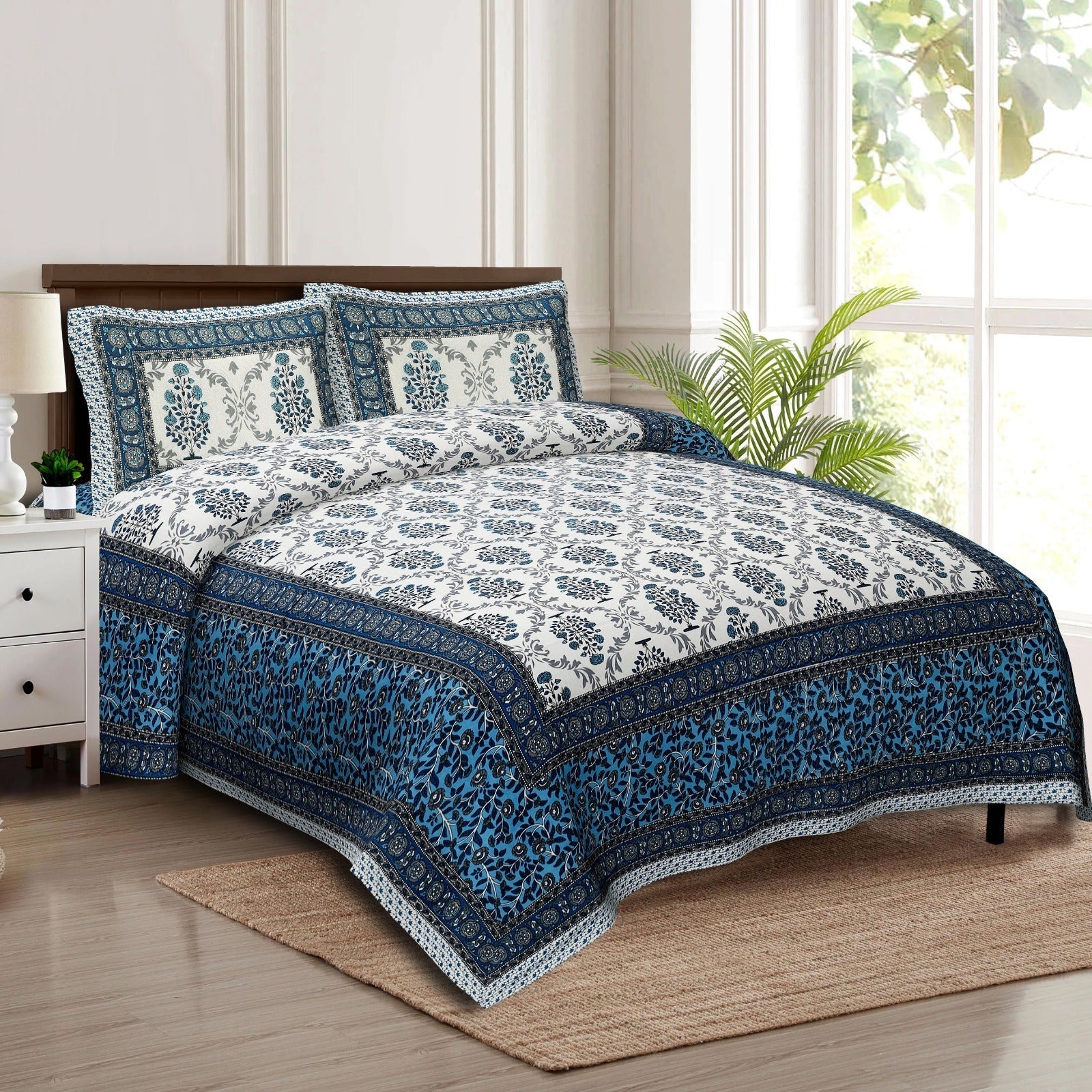 Rudra Bazaar Multicolour 210 TC Cotton Double King Bedsheet With 2 Pillow Covers - Distacart