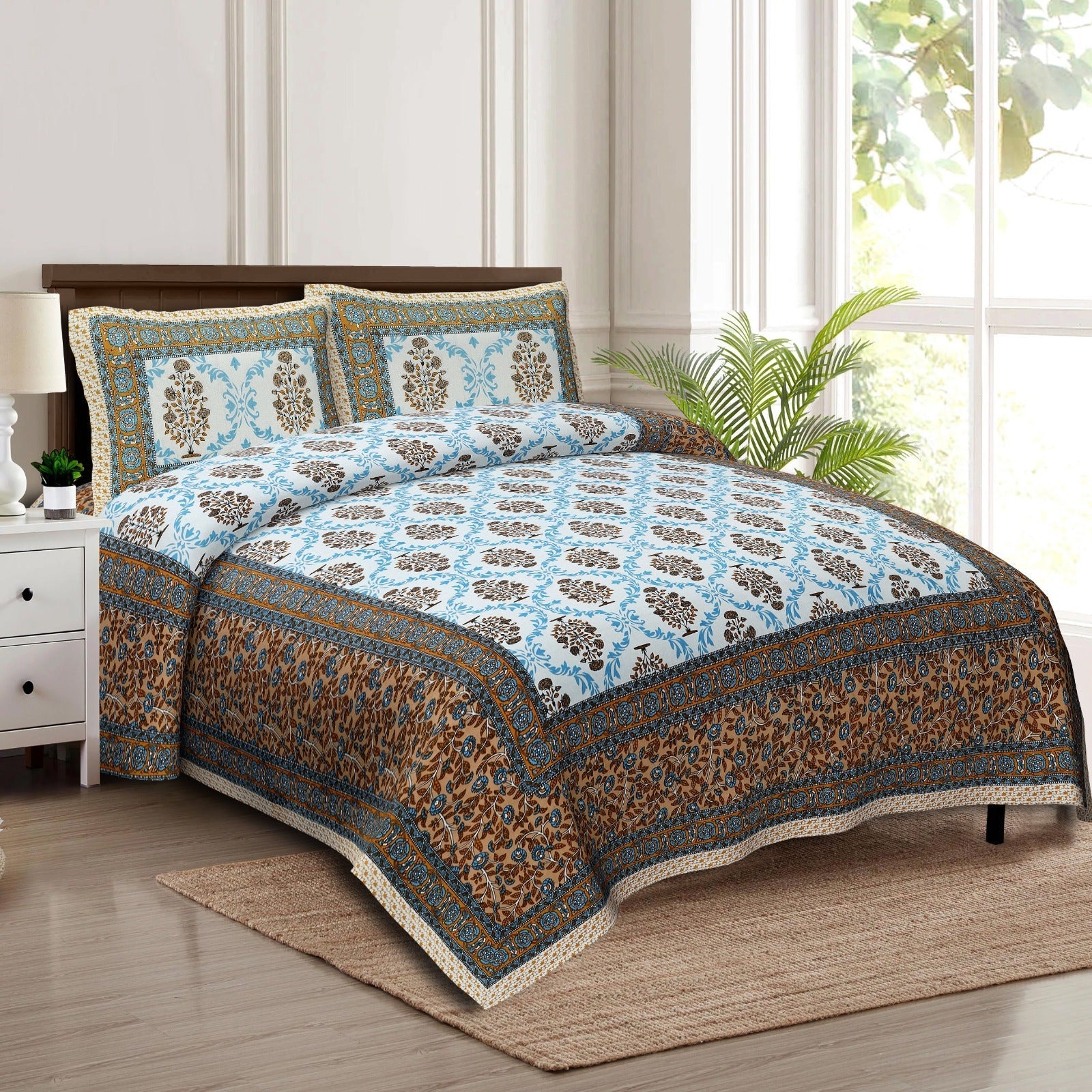 Rudra Bazaar Multicolour 210 TC Cotton Double King Bedsheet With 2 Pillow Covers - Distacart