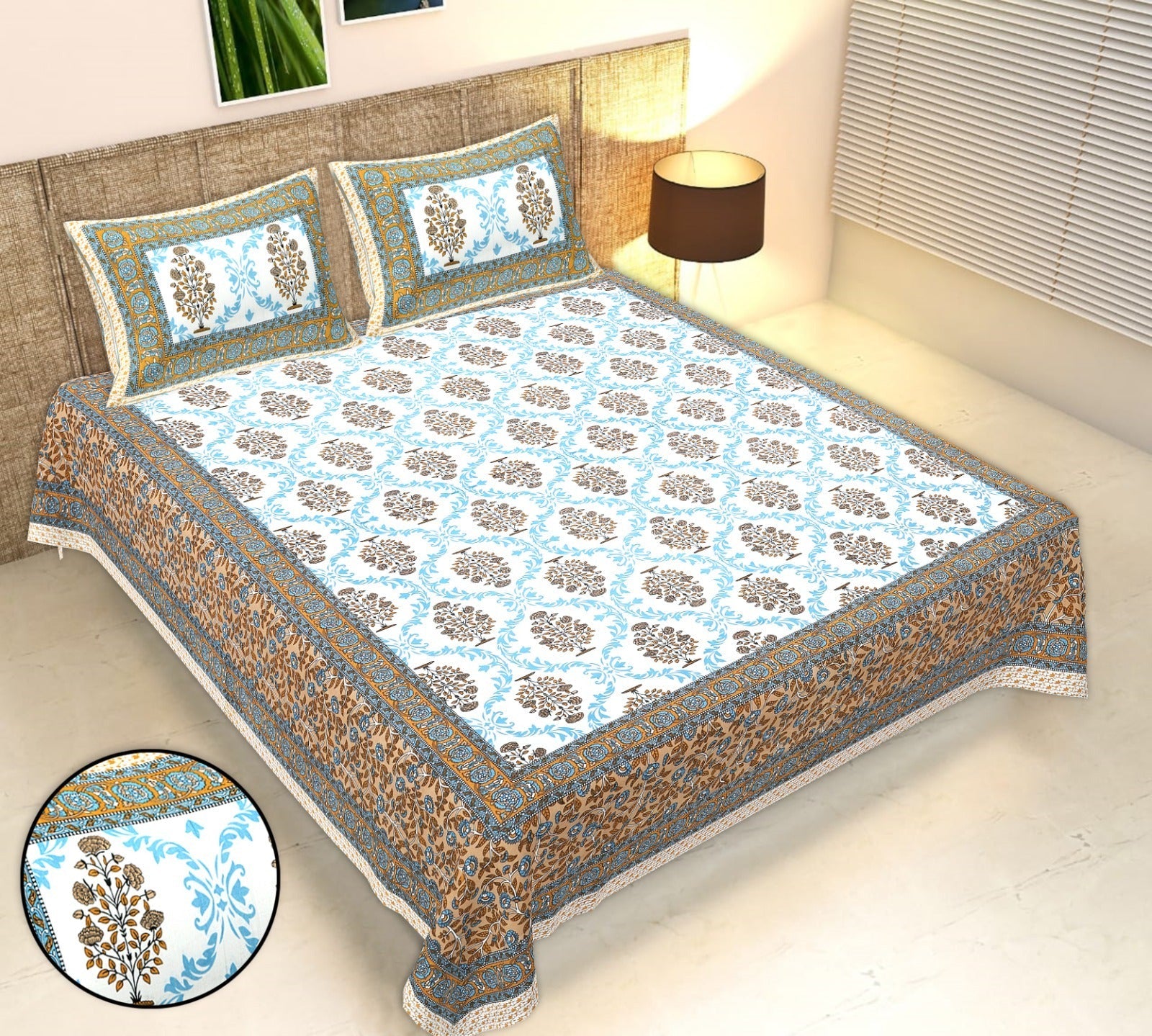 Rudra Bazaar Multicolour 210 TC Cotton Double King Bedsheet With 2 Pillow Covers - Distacart