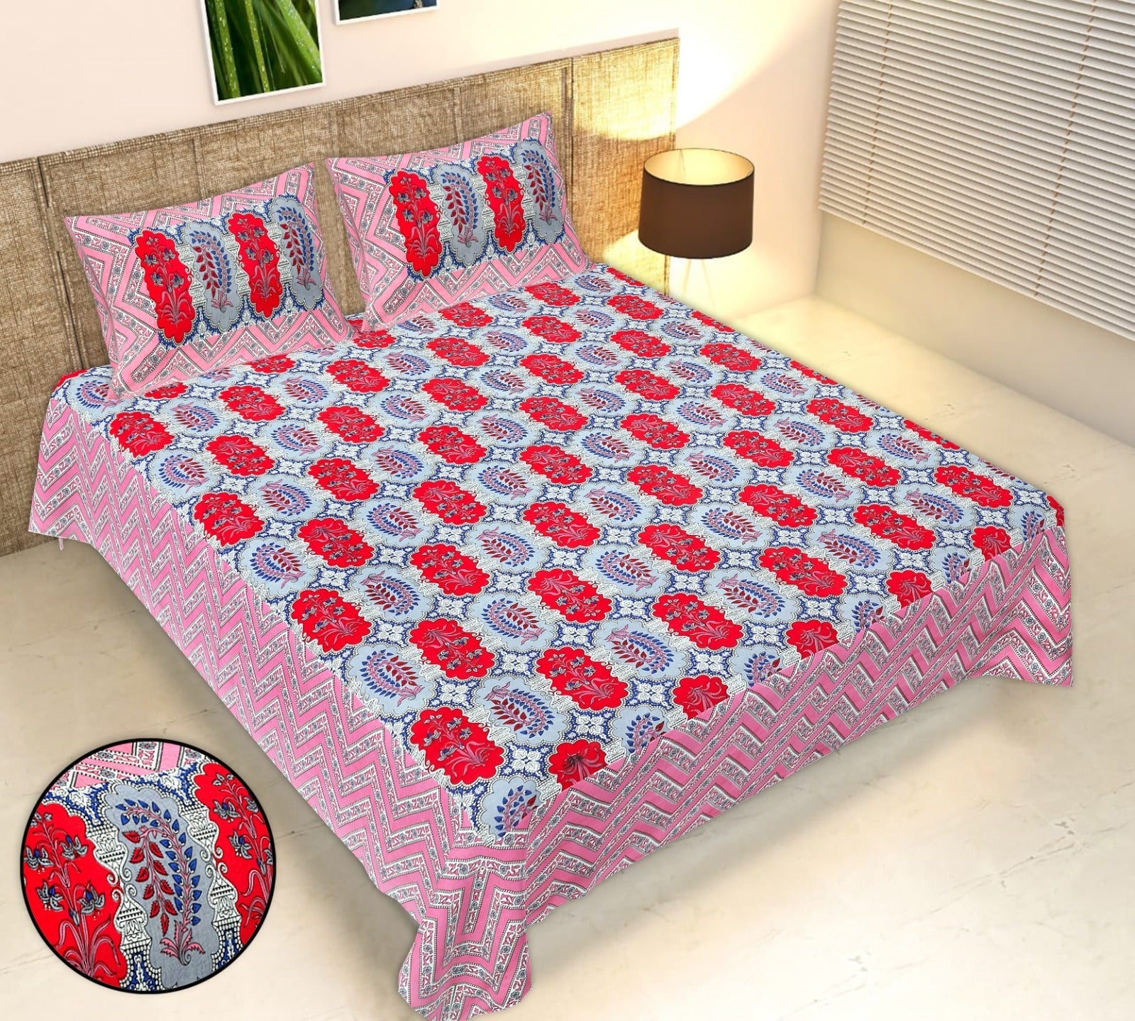 Rudra Bazaar Multicolour 210 TC Cotton Double King Bedsheet With 2 Pillow Covers