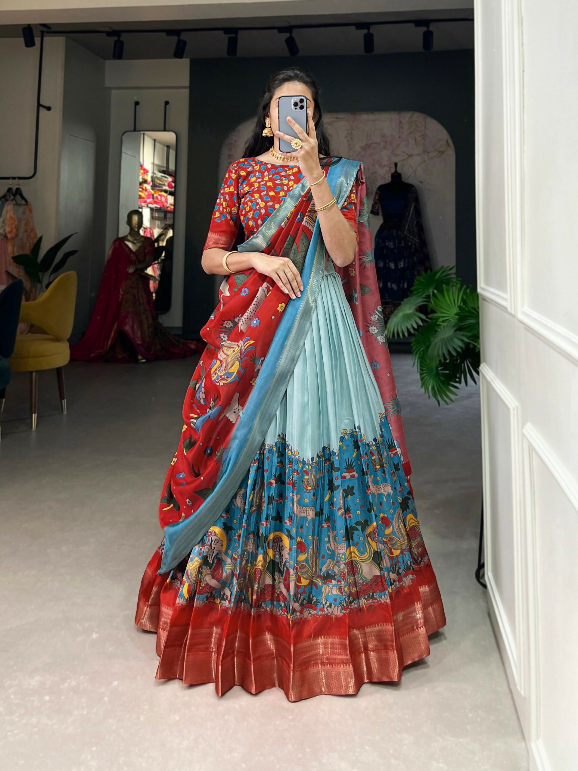 Vastranavya Kalamkari Print With Weaving Border Lehenga with Unstitched Blouse - Sky Blue - Distacart