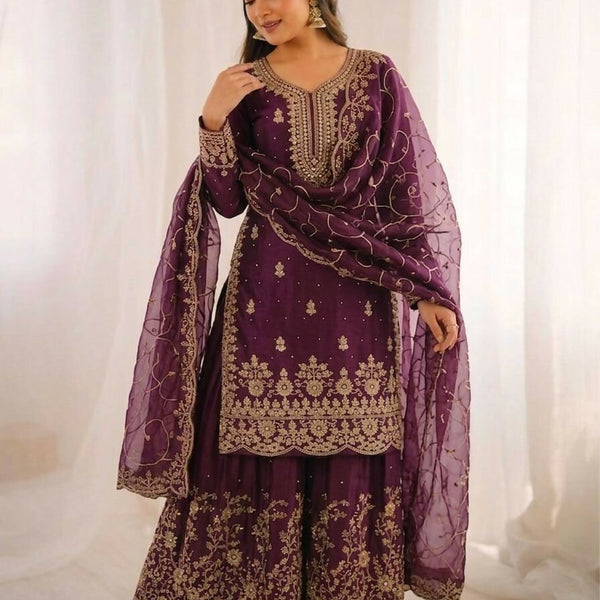 Teeya Creation Wine Color Gymmi Silk Embroidery Work Wedding Wear Sharara Set - Distacart