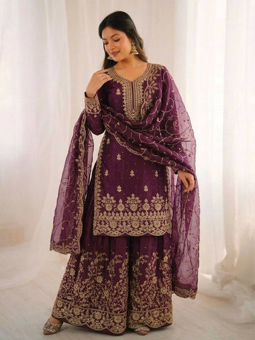 Teeya Creation Wine Color Gymmi Silk Embroidery Work Wedding Wear Sharara Set - Distacart