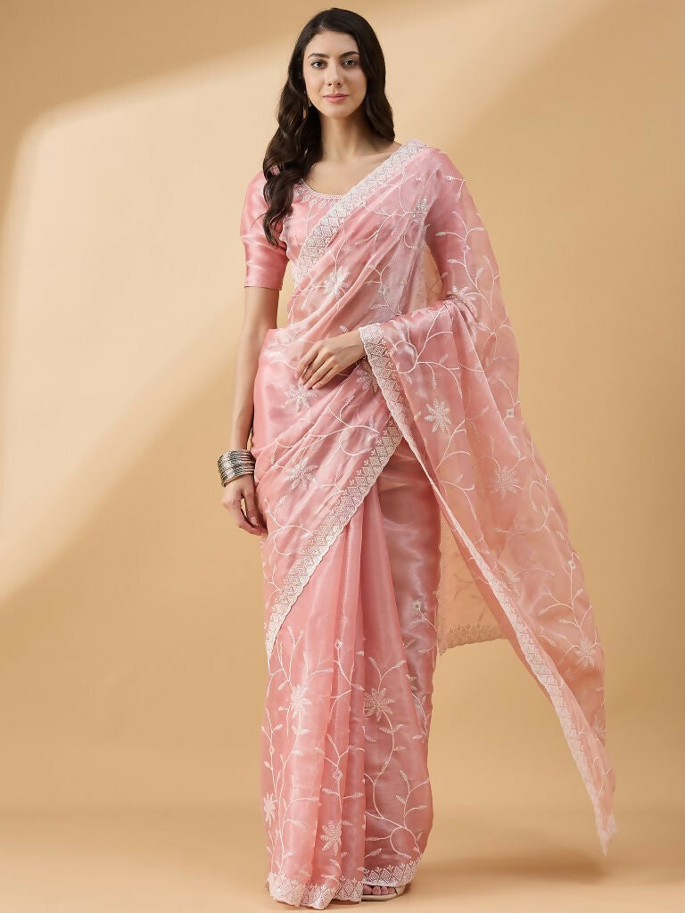 Peach Tissue Slub Embroidered Saree with Unstitched Blouse - Vairagi - Distacart