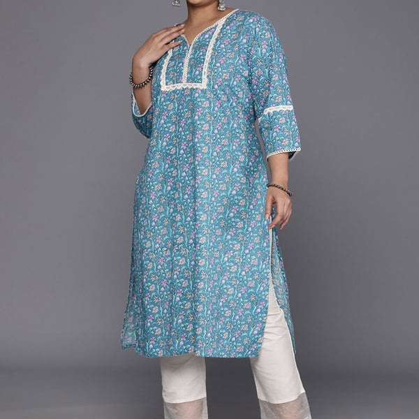 Sztori Plus Size Floral Printed Notch Neck Cotton Straight Kurta - Distacart