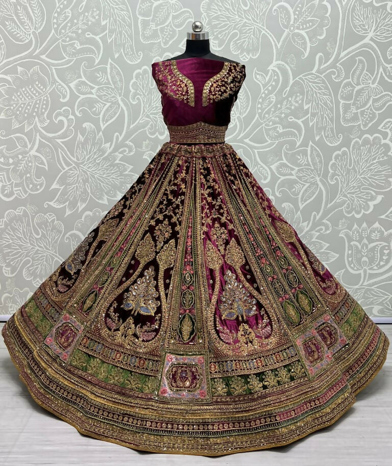 Jyoti Fashion Women's Purple Velvet Fancy Patch, Multi Thread Embroidered, Zircon Diamond, Sequins Work Wedding Lehenga Choli - Distacart